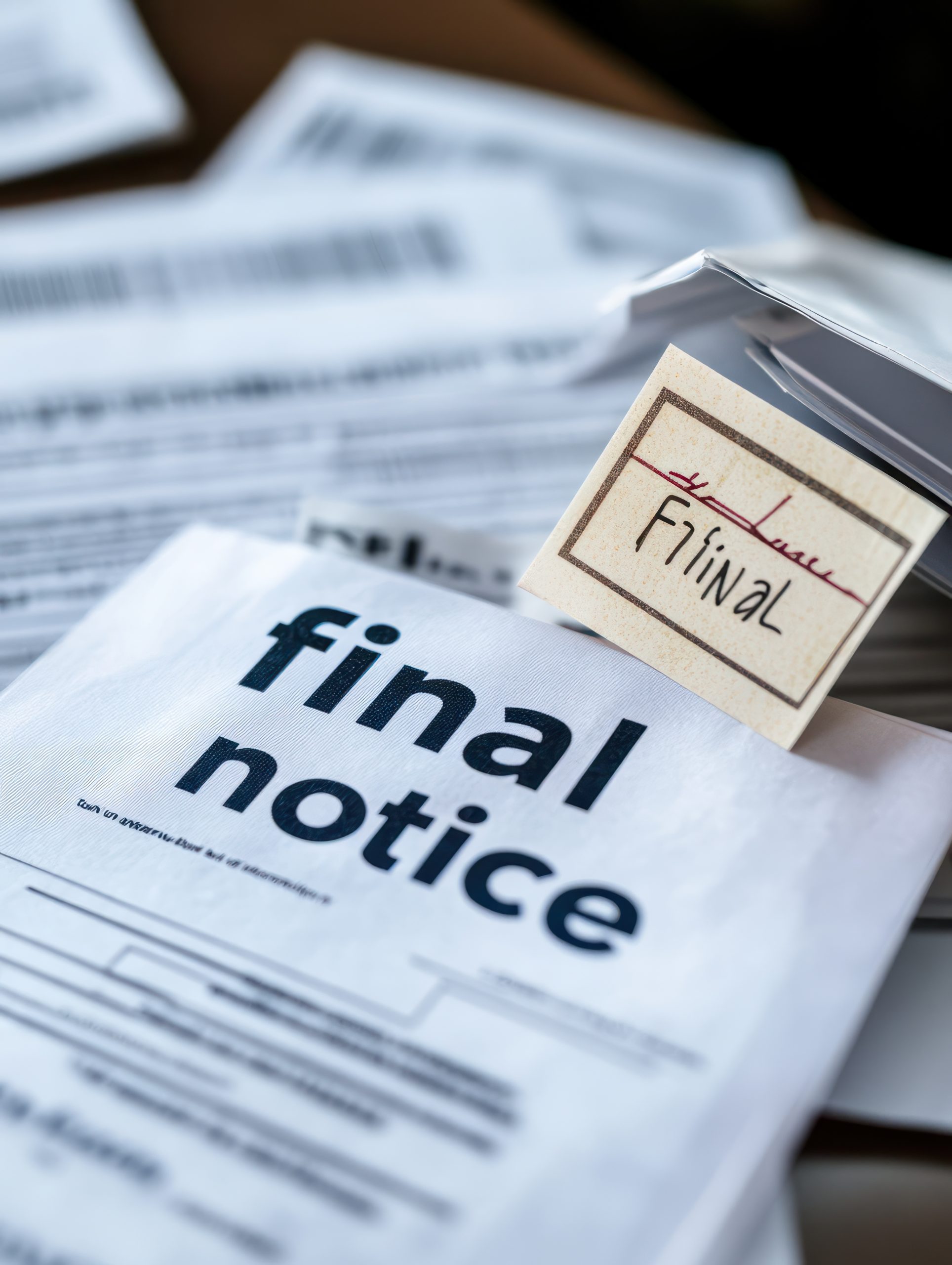 A close-up of a stack of papers reveals a "final notice" document on top, with an invoice prominently displayed beneath. A small sticky note labeled "Final" heightens the urgency, set against a partially blurred background. The scene captures the pressing sense of financial obligation and looming collections.